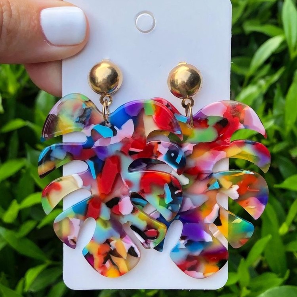 New Bright Multicolored Palm Leave Earrings